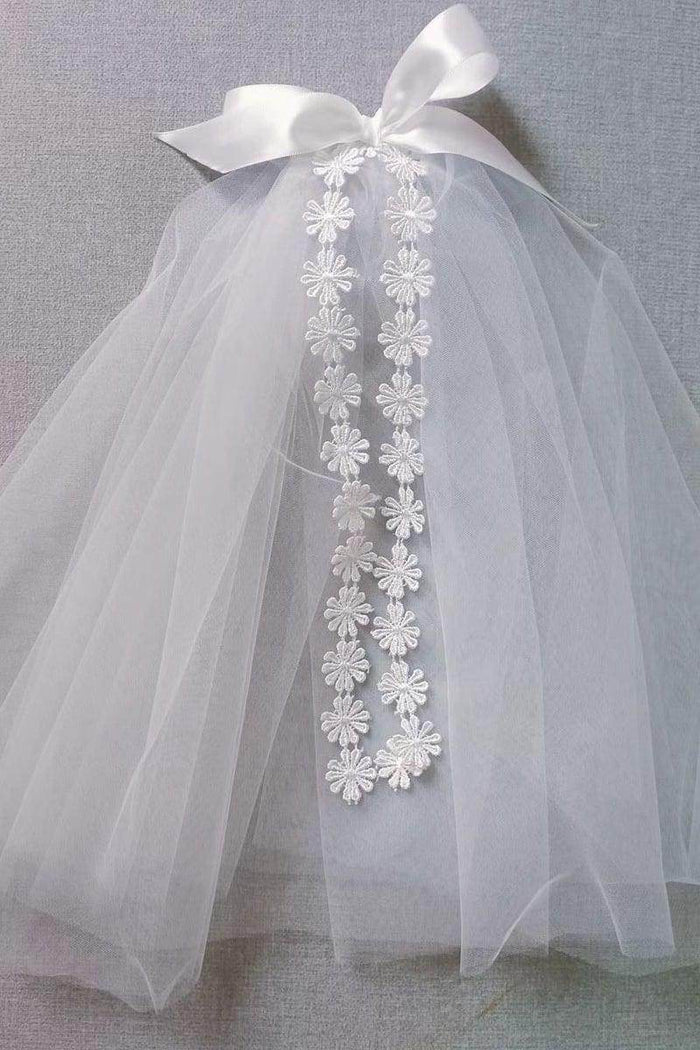 Two-tier Cut Edge Lace Tulle Shoulder Veils with Bow CV0393 - COCOMELODY