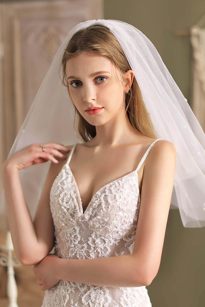 Two-tier Cut Edge Tulle Elbow Veils with Flower CV0292 - COCOMELODY