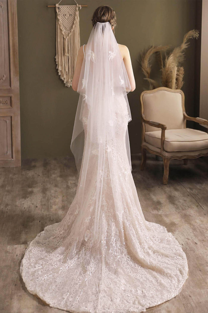 Two-tier Cut Edge Tulle Tea Veils with Appliques CV0295 - COCOMELODY