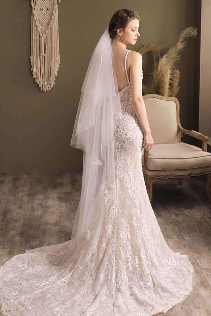 Two-tier Cut Edge Tulle Tea Veils with Appliques CV0295 - COCOMELODY