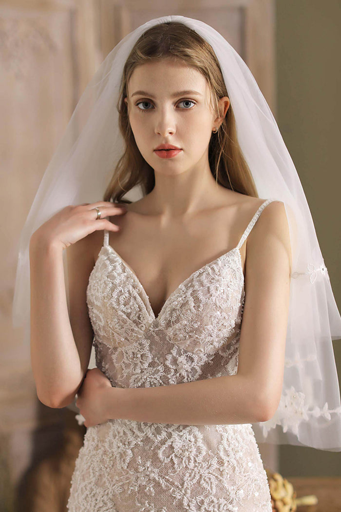 Two-tier Cut Edge Tulle Waist Veils Appliques Beading CV0263 - COCOMELODY