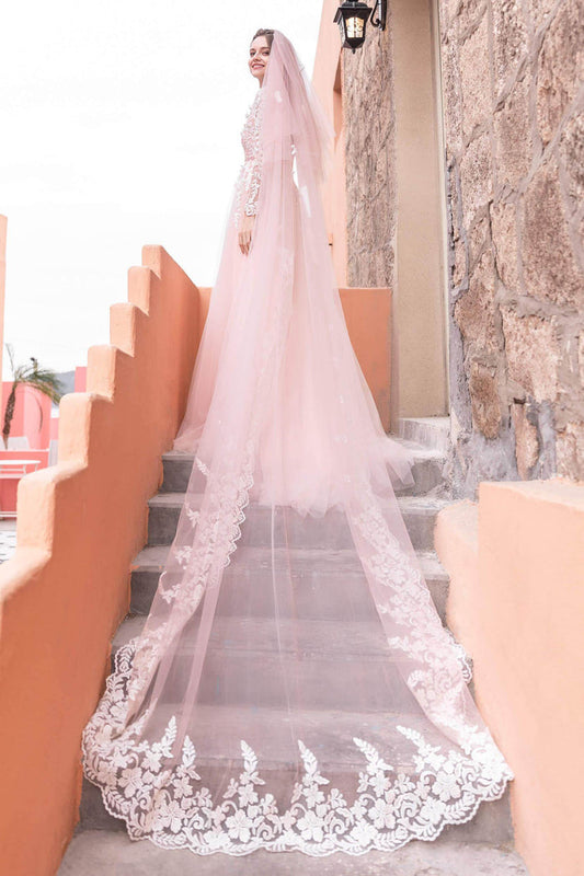 Two-tier Lace Edge Tulle Cathedral Veils with Appliques CV0228 - COCOMELODY