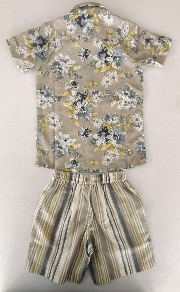 Unisex Kids' Brown Floral Print Cotton Shirt & Striped Shorts Set shirt & shorts Yo Baby India