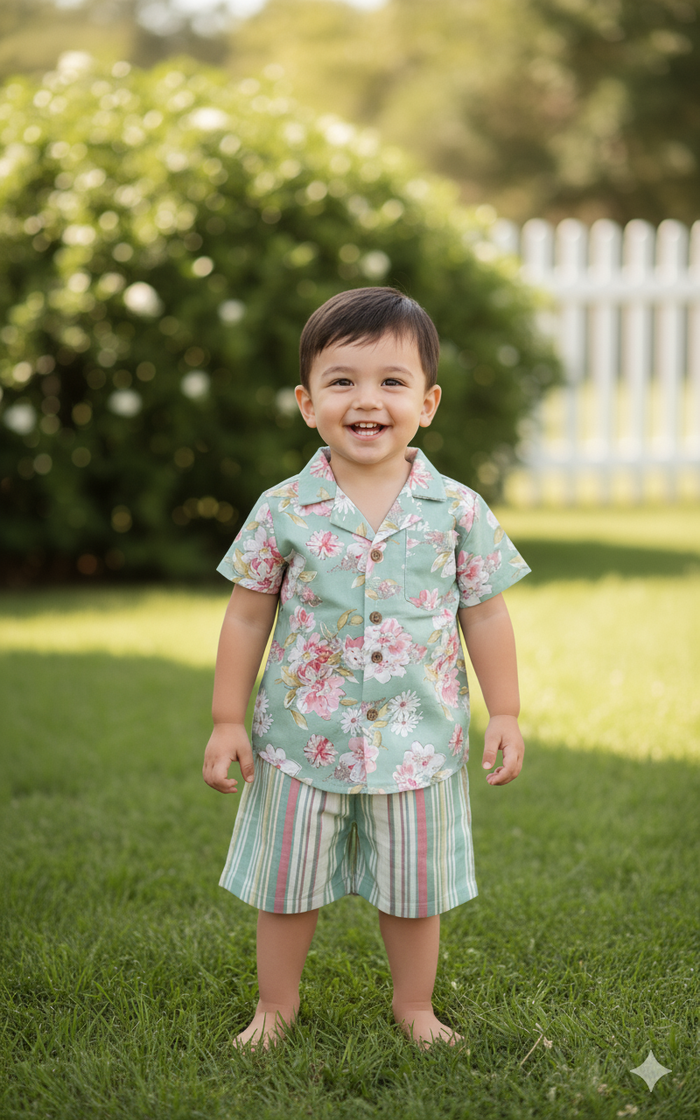 Unisex Kids Green Floral Cotton Shirt & Striped Shorts Set | Boys & Girls Summer Outfit