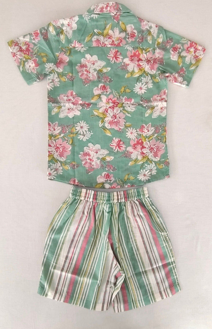Unisex Kids' Green Floral Print Cotton Shirt & Striped Shorts Set shirt & shorts Yo Baby India