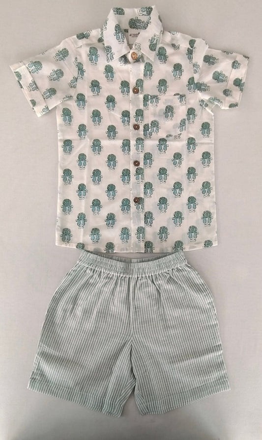 Unisex Kids' Sage Booty Print Cotton Shirt & Stripe Shorts Set shirt & shorts Yo Baby India