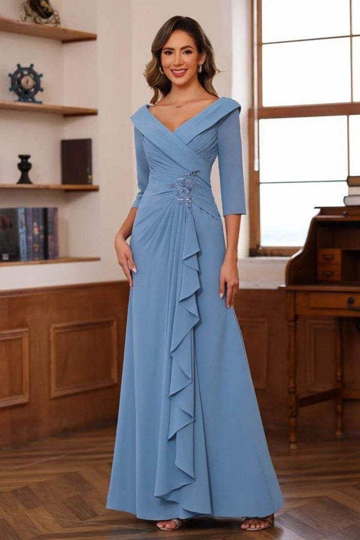 V Neck 3/4 Length Sleeves Floor Length Unique Mother Dresses CM0345 - COCOMELODY