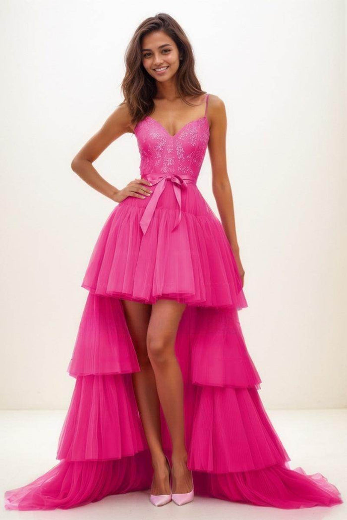 V-Neck A-Line Asymmetrical Length Lace/Tulle Prom Dresses CS0740 - COCOMELODY