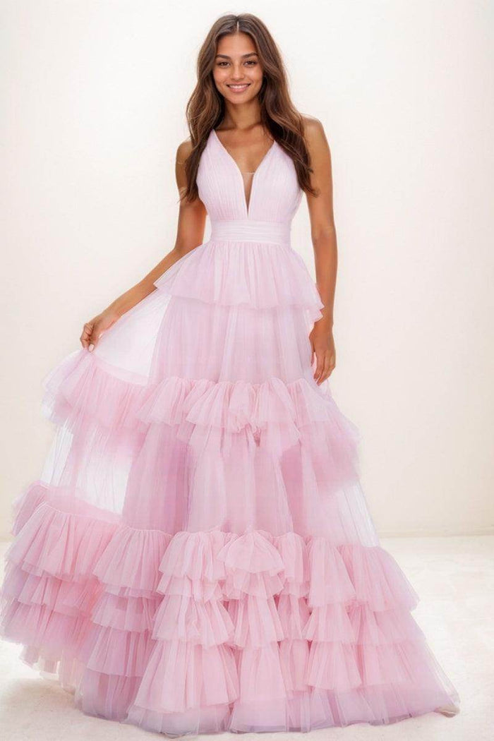 V-Neck A-Line Floor-Length Tulle Prom Dresses With Ruffle CS0731 - COCOMELODY