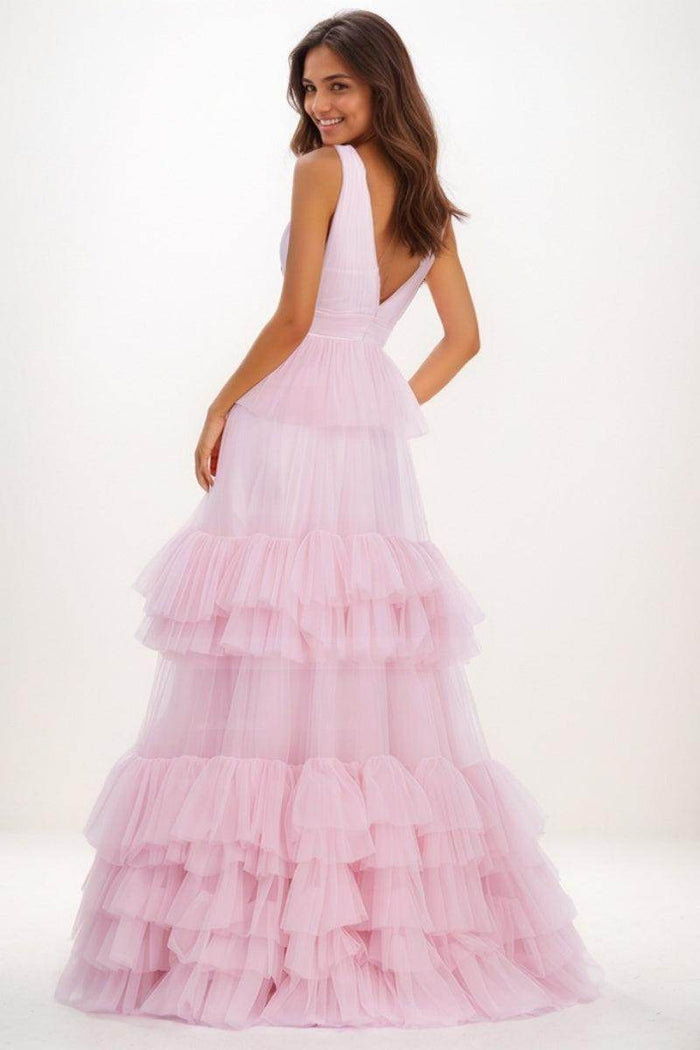 V-Neck A-Line Floor-Length Tulle Prom Dresses With Ruffle CS0731 - COCOMELODY