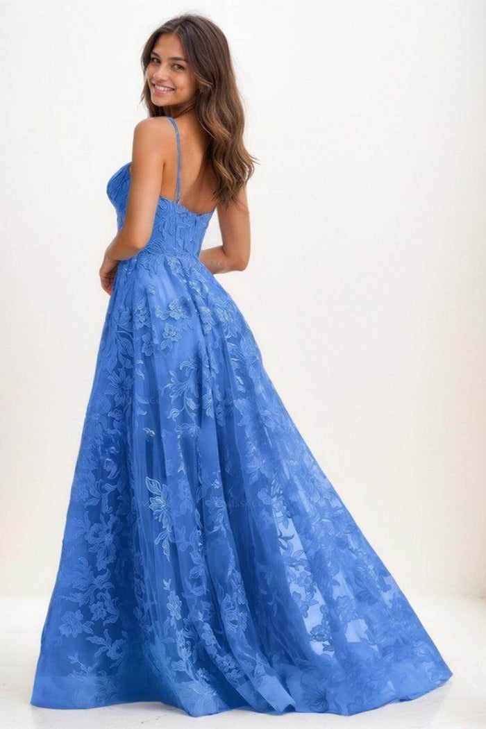V-Neck A-Line Sweep Train Lace/Tulle Prom Dresses CS0743 - COCOMELODY