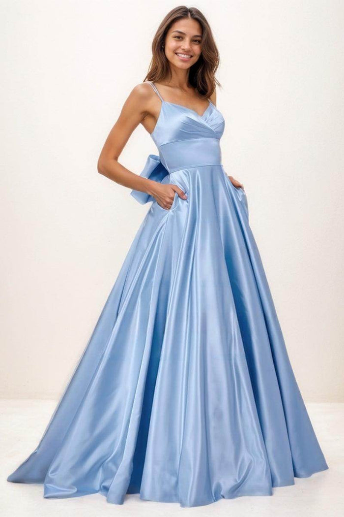 V-Neck A-Line Sweep Train Satin Prom Dresses With Bow(s) CS0727 - COCOMELODY