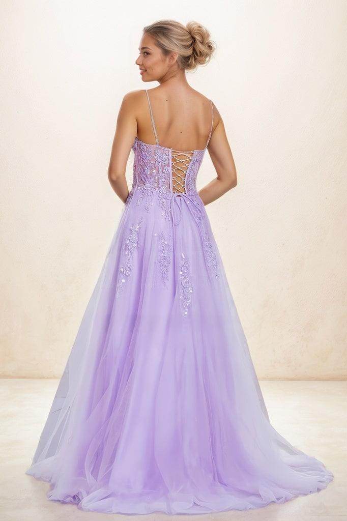 V Neck Lace Illusion Corset A Line Sweep Train Tulle Prom Dresses CS0813 - COCOMELODY