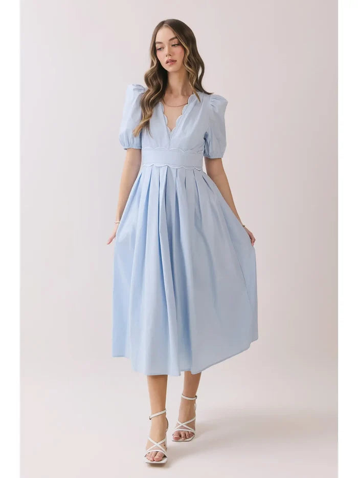 V-Neck Scalloped Midi Dress - Greige Goods