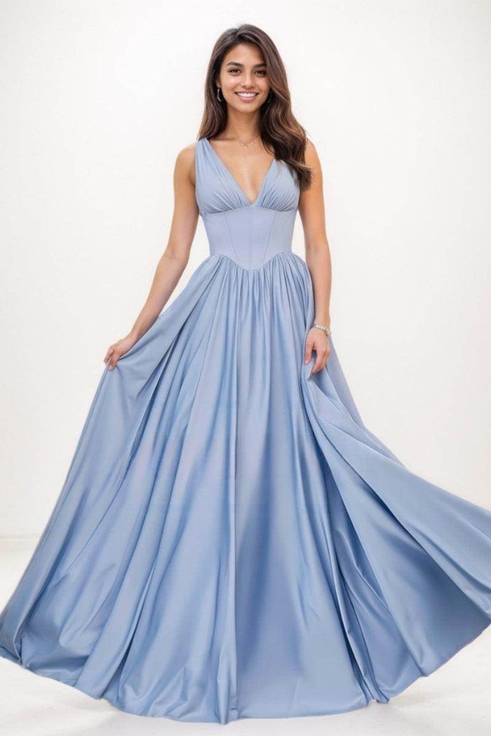 V-Neck Sleeveless A-Line Sweep Train Satin Prom Dresses CS0724 - COCOMELODY