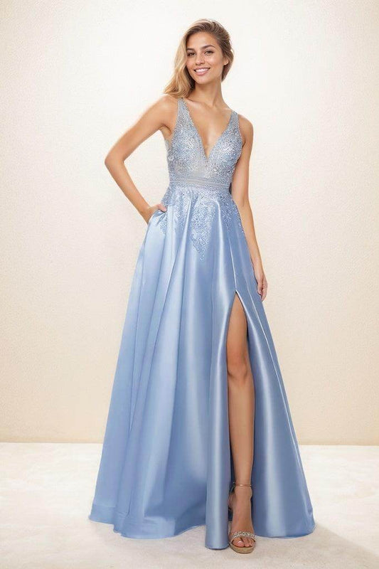 V-Neck Sleeveless Plunge Neck Satin Prom Dresses With Lace CS0837 - COCOMELODY