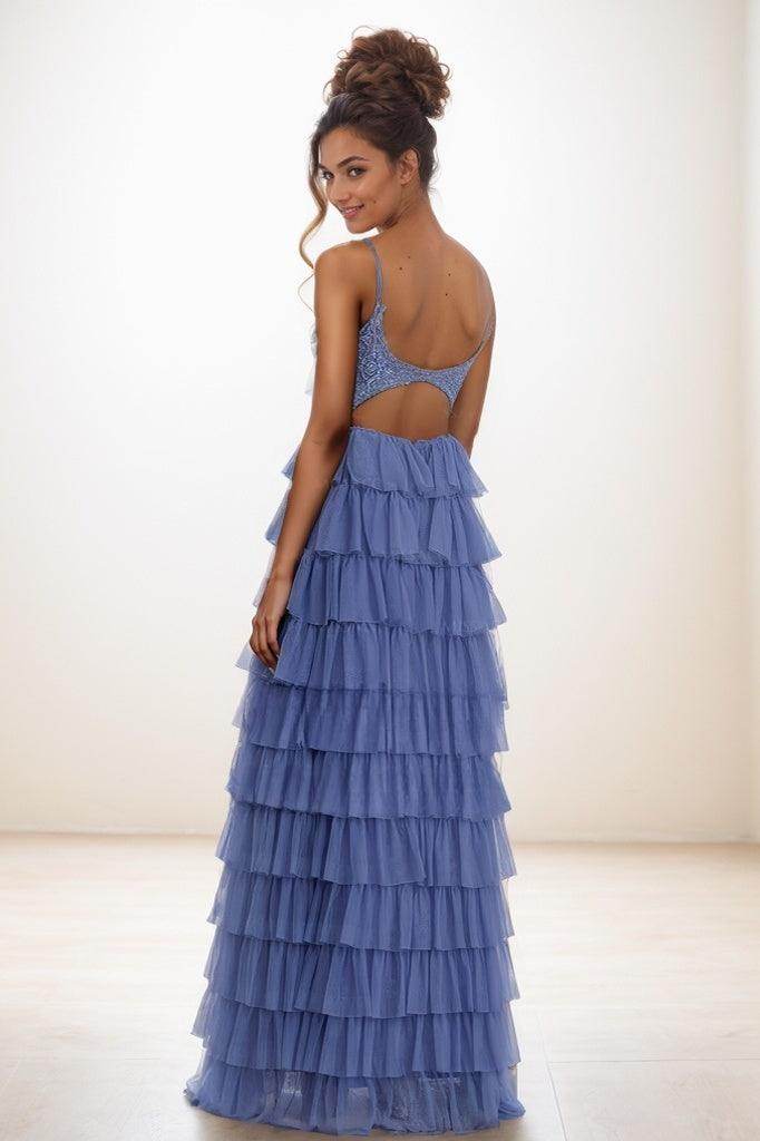 V-Neck Spaghetti Straps Back Hole Tulle Prom Dresses CS0811 - COCOMELODY