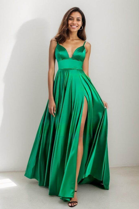 V-Neck Spaghetti Straps High Split Prom Dresses CS0783 - COCOMELODY