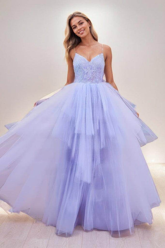 V Neck Spaghetti Straps Lace A Line Floor Length Tulle Prom Dresses CS0814 - COCOMELODY