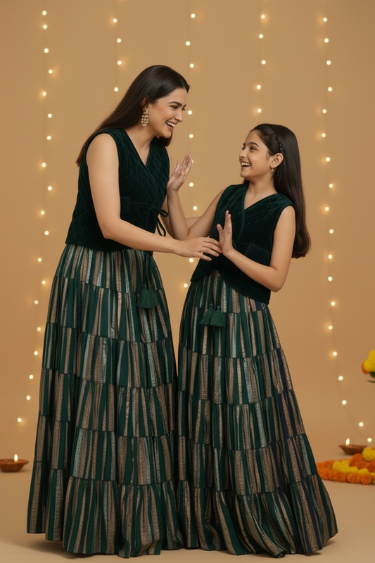 Velvet Waistcoat & Gathered Skirt Festive Set for Girls