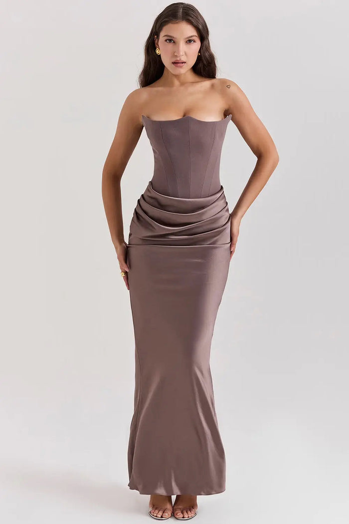 Victoria - Chic Women's Wedding Guest Maxi Dress with Corset Bodice and Draped Skirt