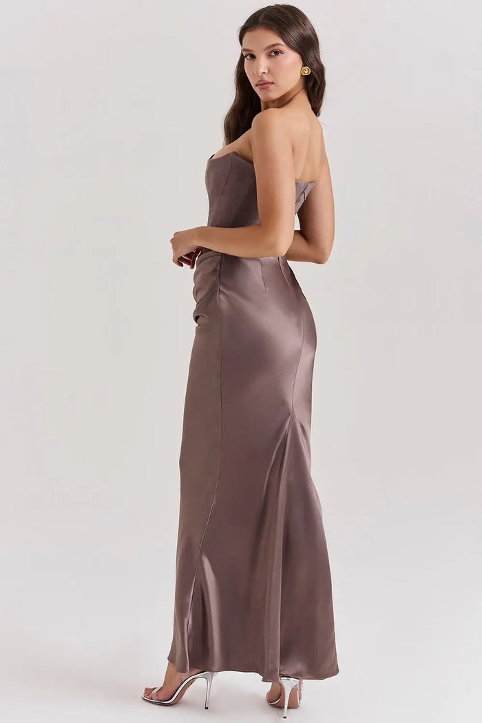 Victoria - Chic Women's Wedding Guest Maxi Dress with Corset Bodice and Draped Skirt