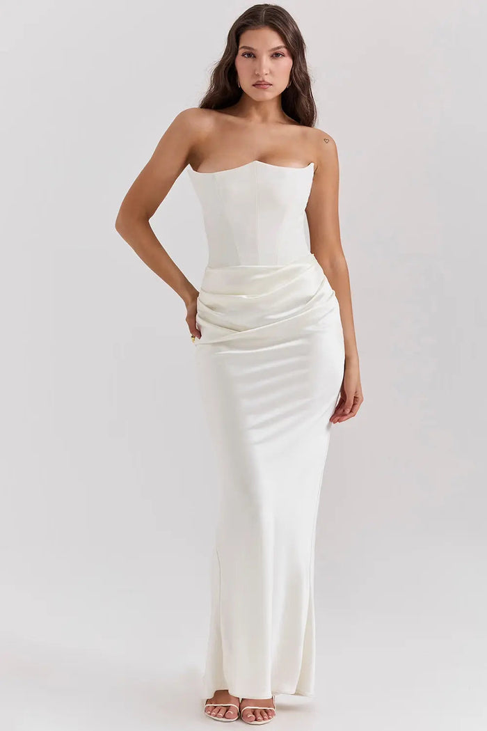 Victoria - Chic Women's Wedding Guest Maxi Dress with Corset Bodice and Draped Skirt