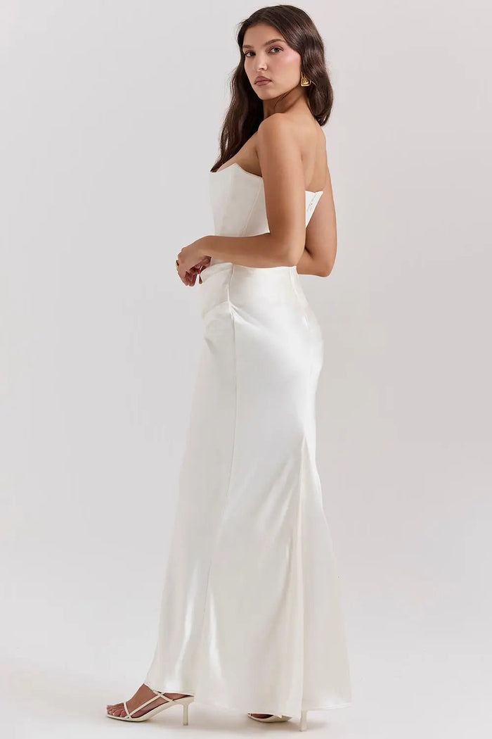 Victoria - Chic Women's Wedding Guest Maxi Dress with Corset Bodice and Draped Skirt