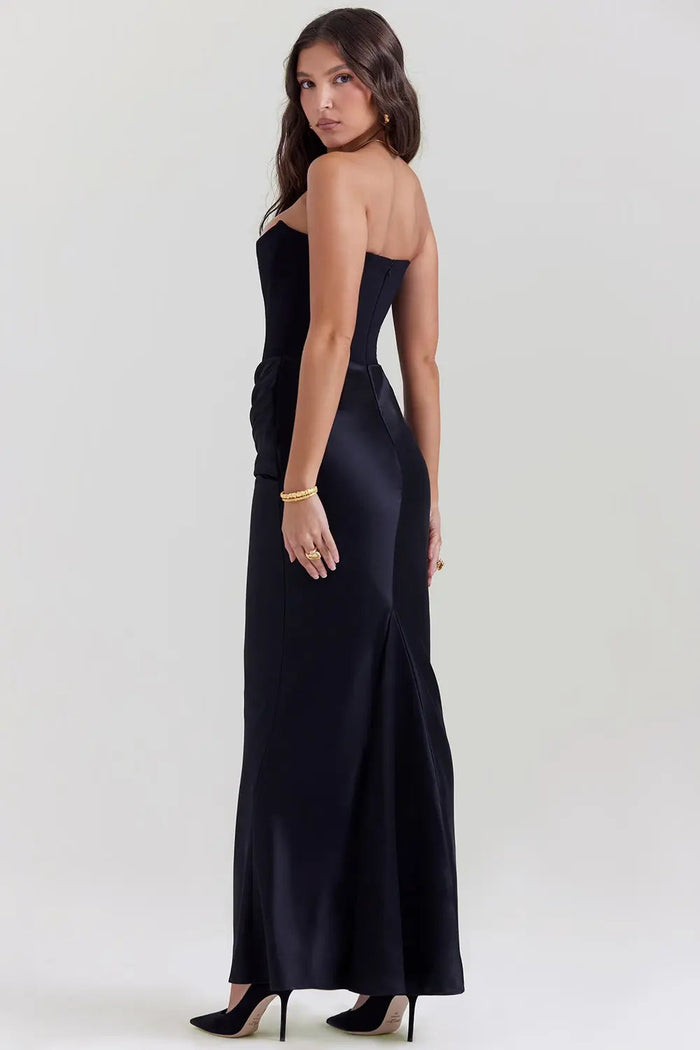 Victoria - Chic Women's Wedding Guest Maxi Dress with Corset Bodice and Draped Skirt