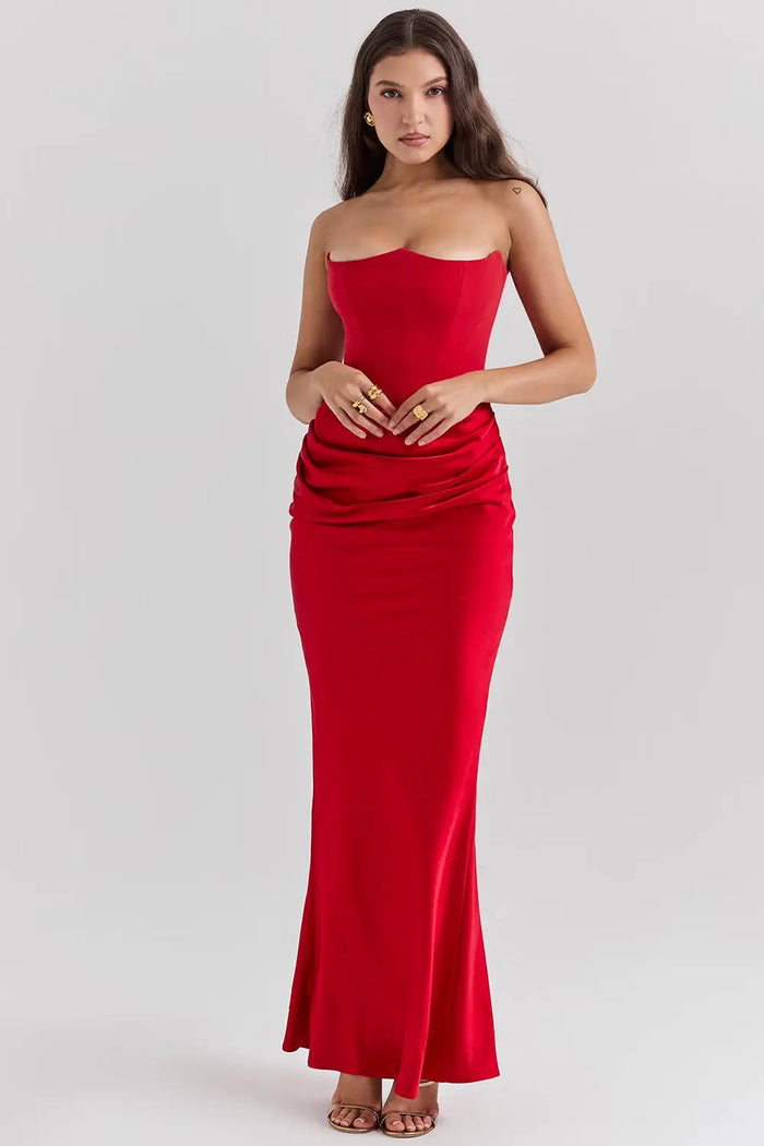 Victoria - Chic Women's Wedding Guest Maxi Dress with Corset Bodice and Draped Skirt