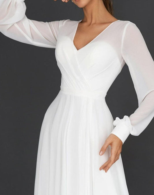 Victoria - Elegant Women's Wedding Guest Dress with V-Neck and Flowy Long Sleeves