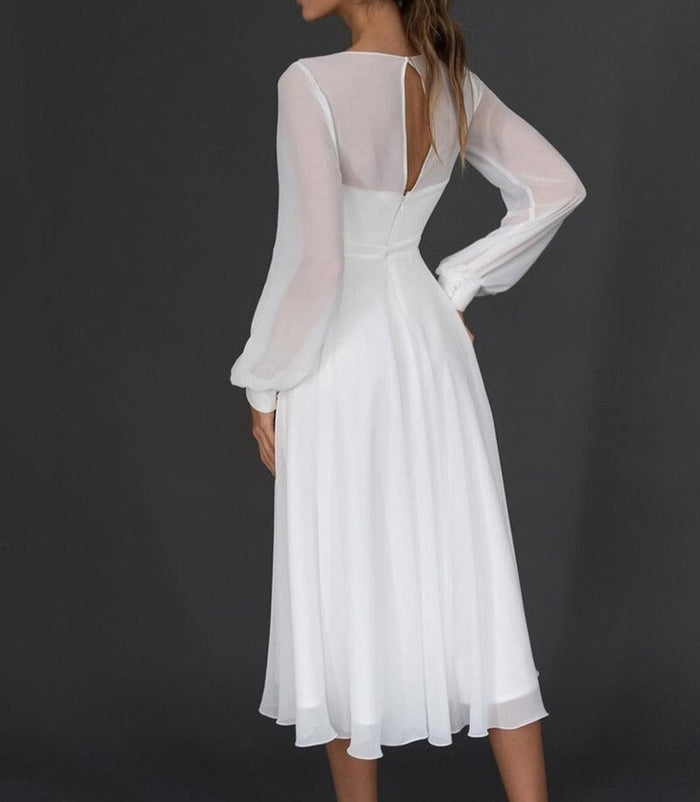 Victoria - Elegant Women's Wedding Guest Dress with V-Neck and Flowy Long Sleeves