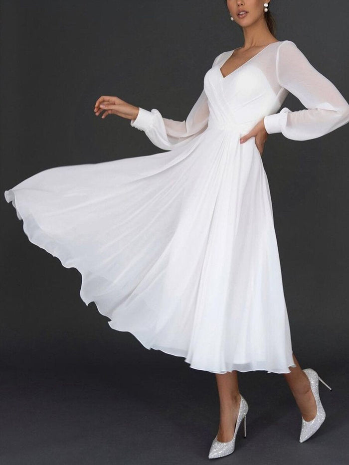 Victoria - Elegant Women's Wedding Guest Dress with V-Neck and Flowy Long Sleeves
