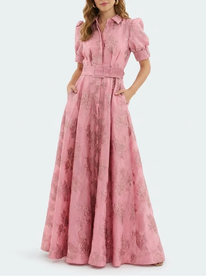 Vivienne - Elegant Women's Wedding Guest Maxi Dress with Puff Sleeve and Belted Waist