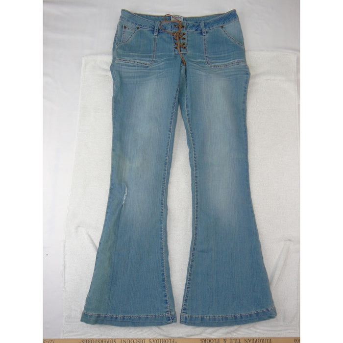 VTG Mudd Womens Flare Jeans Light Wash Lace Up Front Braided Pockets Size 117