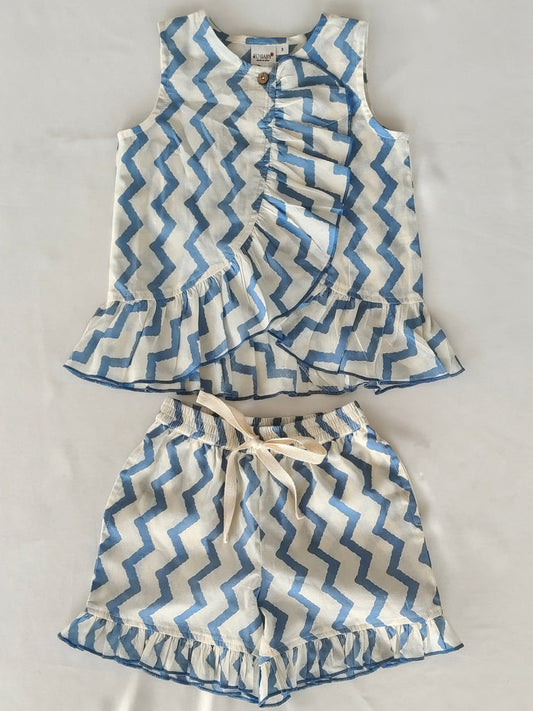 White and Blue Zigzag Print Frill Top & Shorts Set dress & diaper cover Yo Baby India