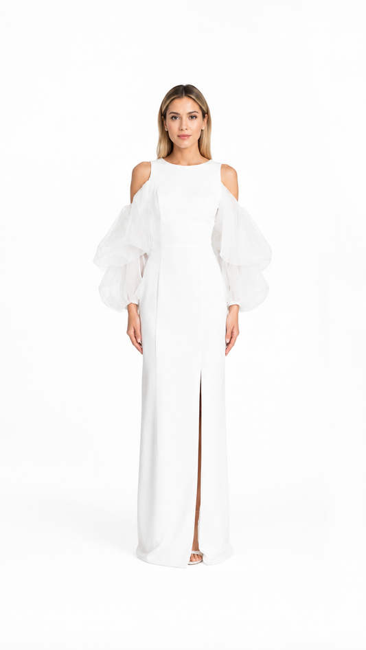 White Cold-Shoulder Statement Sleeve Maxi Dress – ELIORA