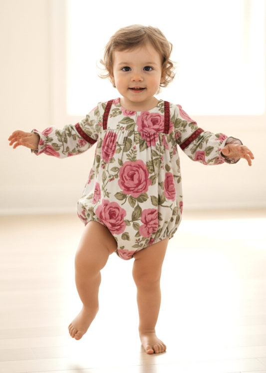 White Esti Romper for Infant Girls – Cotton, Contrast Lace, Snap Closure