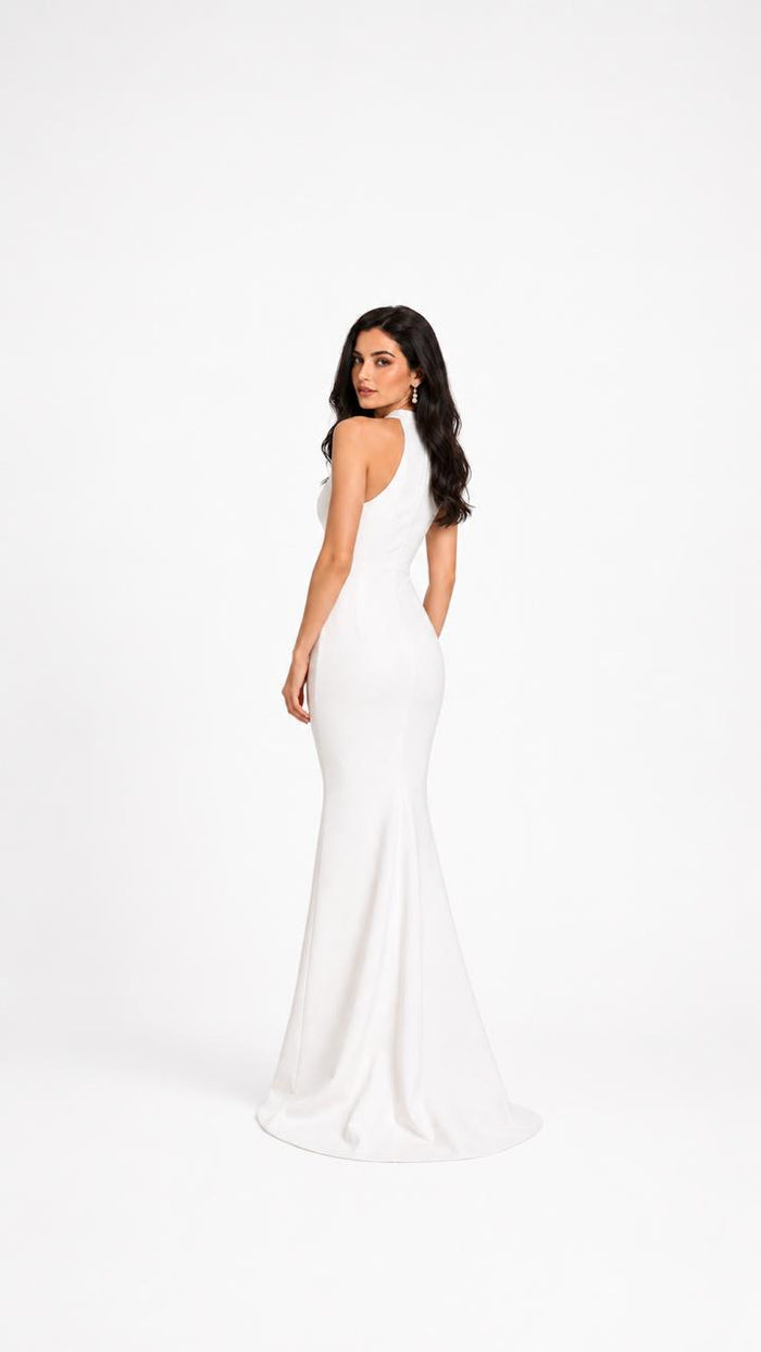 White Halter Mermaid Evening Gown with Floral Waist Detail – AURORA