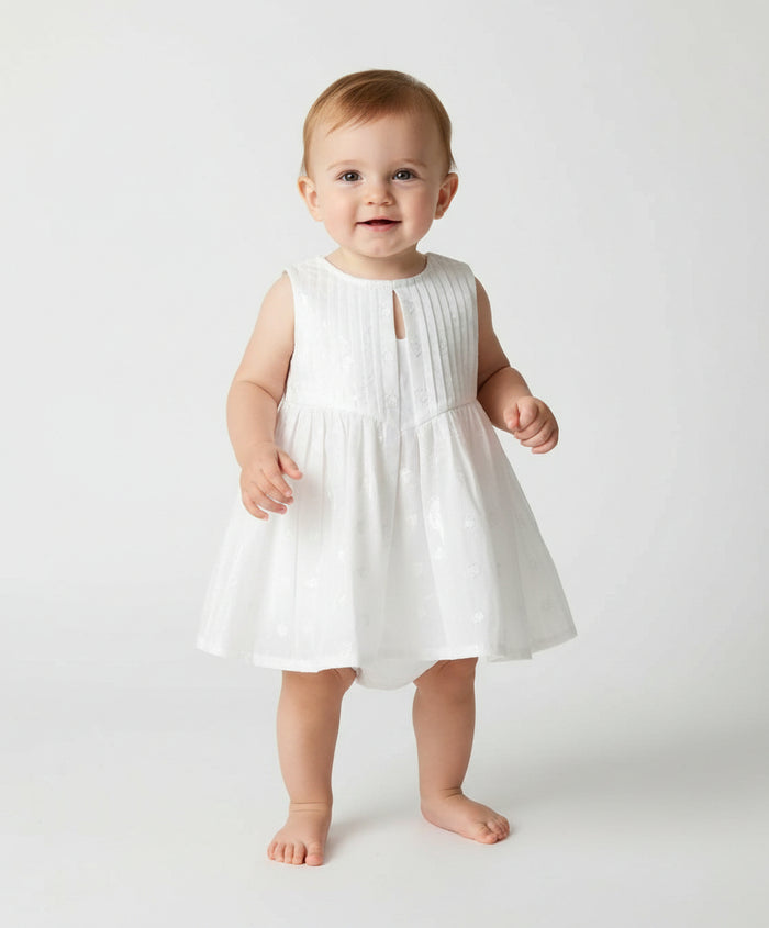 White Solid Color Heart Dobby Pintuck Gathered Dress dress & diaper cover Yo Baby India