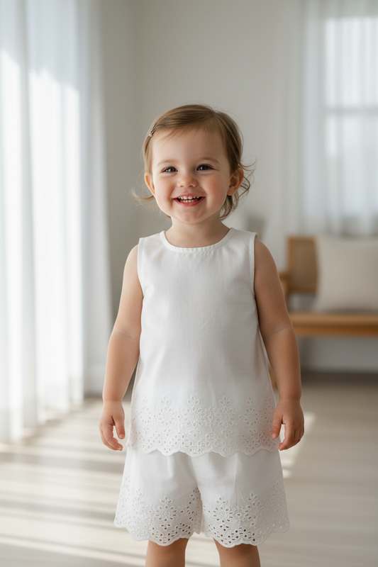 White Schiffli Cotton 2-Piece Set for Kids & Infants – Sleeveless Top with Schiffli Border Shorts