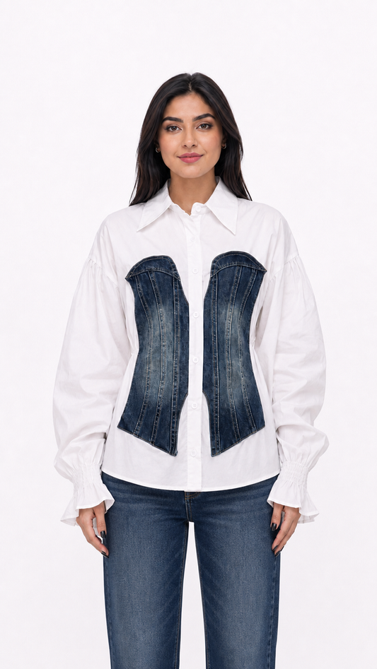 White Shirt with Denim Corset Detail – VELORIA