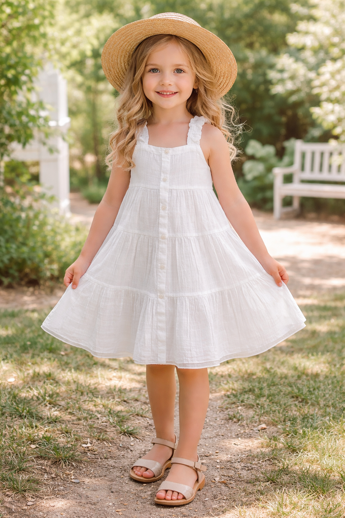 White Textured Checks Multi-Tiered Ruffle Dress