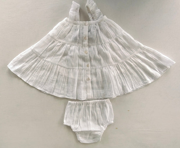 White Textured Checks Multi-Tiered Ruffle Dress