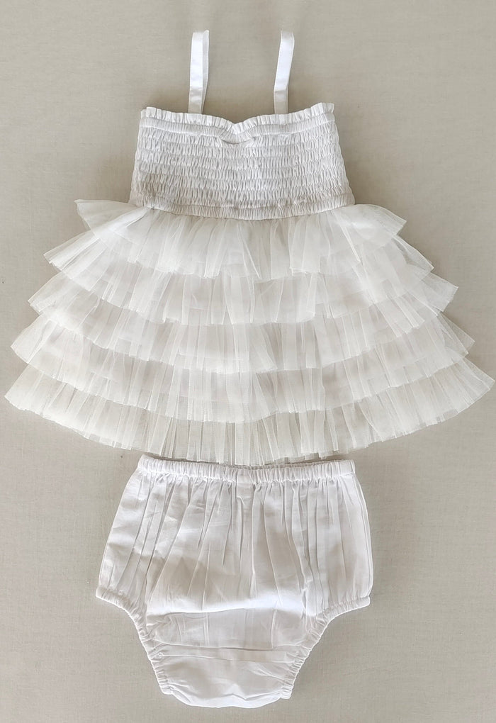 White Tiered Tulle Dress with Nylon Net Frills and Adjustable Straps dress & diaper cover Yo Baby India