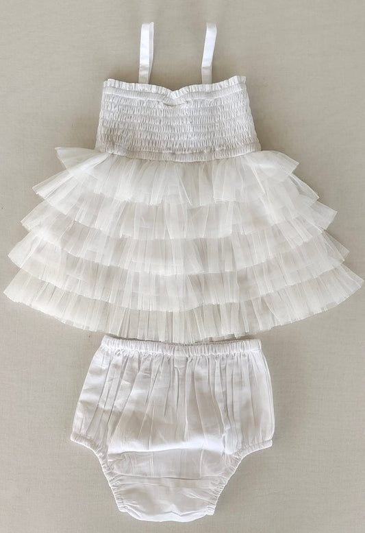 White Tiered Tulle Dress with Nylon Net Frills and Adjustable Straps dress & diaper cover Yo Baby India