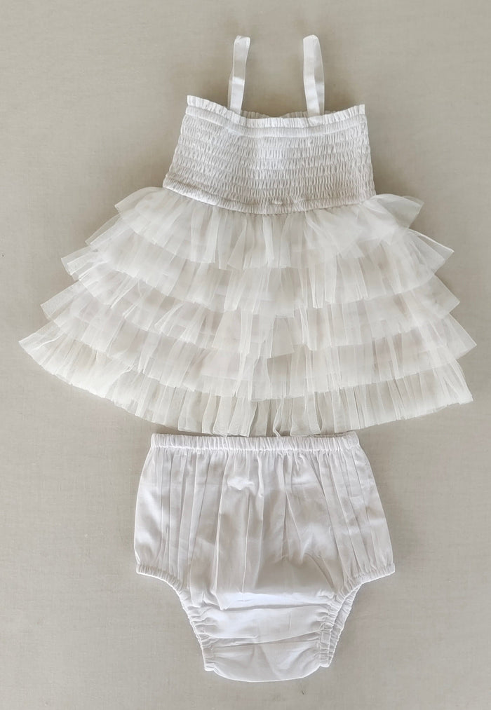 White Tiered Tulle Dress with Nylon Net Frills and Adjustable Straps dress & diaper cover Yo Baby India