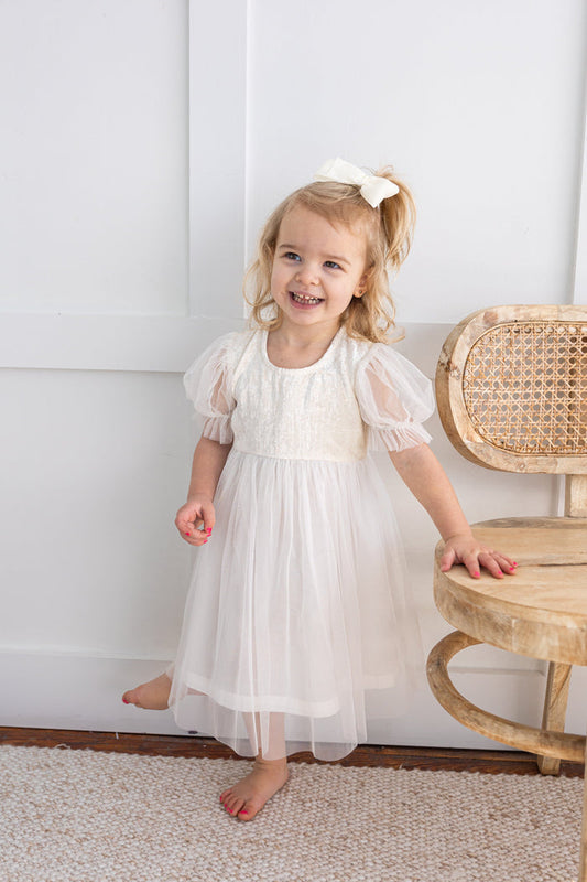 White Tulle Solid Color Puff Sleeves Gathered Dress dress & diaper cover DRESS Yo Baby India