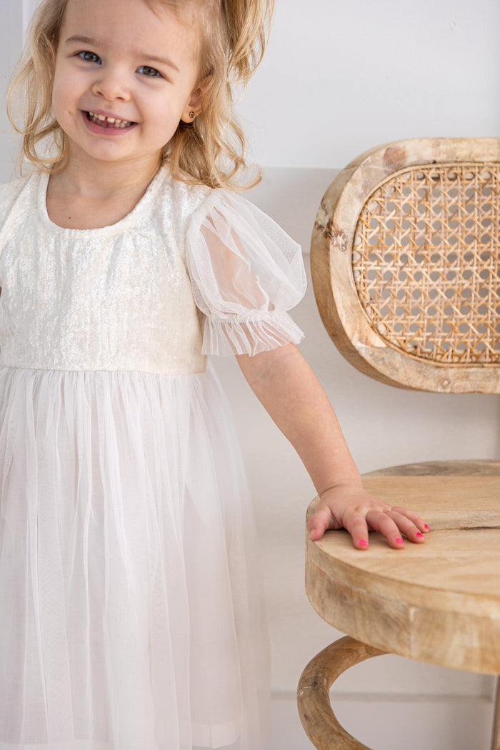 White Tulle Solid Color Puff Sleeves Gathered Dress dress & diaper cover DRESS Yo Baby India