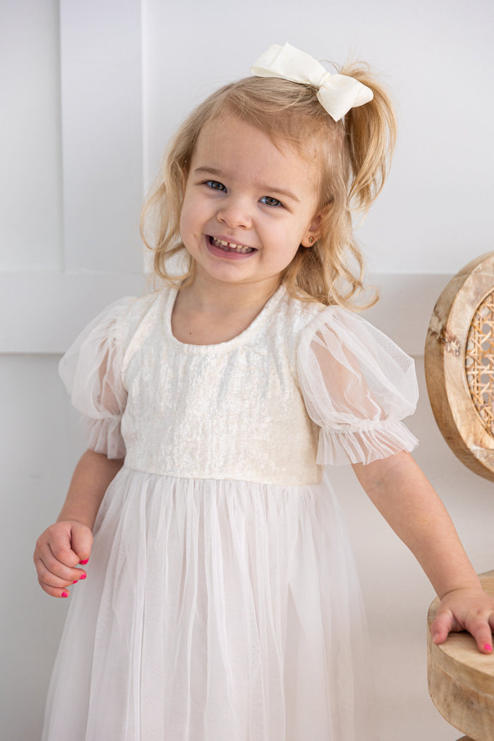 White Tulle Solid Color Puff Sleeves Gathered Dress dress & diaper cover DRESS Yo Baby India